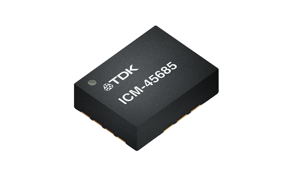 Microchip with TDK logo and "ICM-45685" etched onto its surface