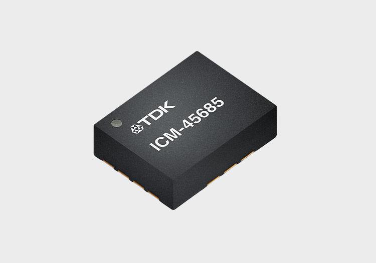 Microchip with TDK logo and "ICM-45685" etched onto its surface