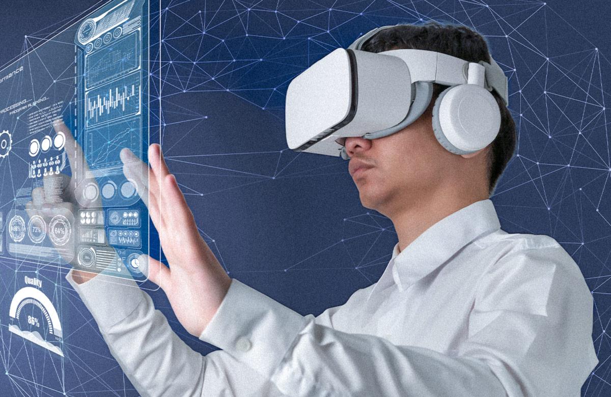 Man wearing a VR headset with headphones interacting with a VR user interface
